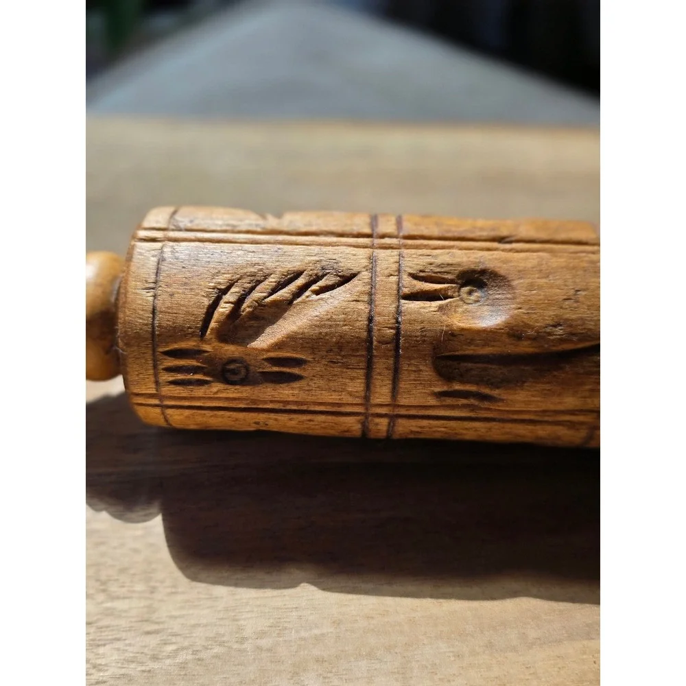 Vintage Hand Carved Wooden Springerle Rolling Pin Owl Star Folk Art Cookie Stamp